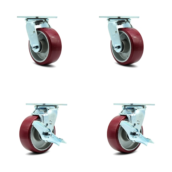 5 Inch Poly on Aluminum Swivel Caster Set with Roller Bearings 2 Brakes SCC